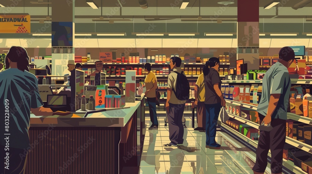 Shoppers at a busy supermarket during a weekday rush, illustrating a bustling retail environment