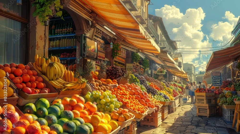 Craft an image of a bustling street market with a fruit store at its heart