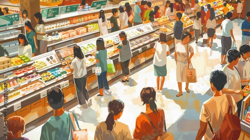 Shoppers at a busy supermarket during a weekday rush, illustrating a bustling retail environment