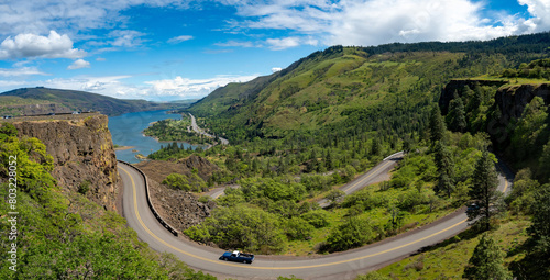 Looking east from Rowena Crest at the historic Columbia highway and the Columbia River Old historic Columbia River highway at Rowena Crest, Oregon