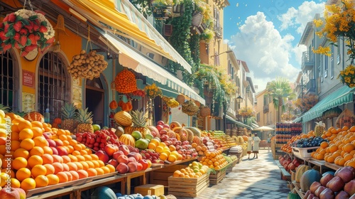Craft an image of a bustling street market with a fruit store at its heart photo