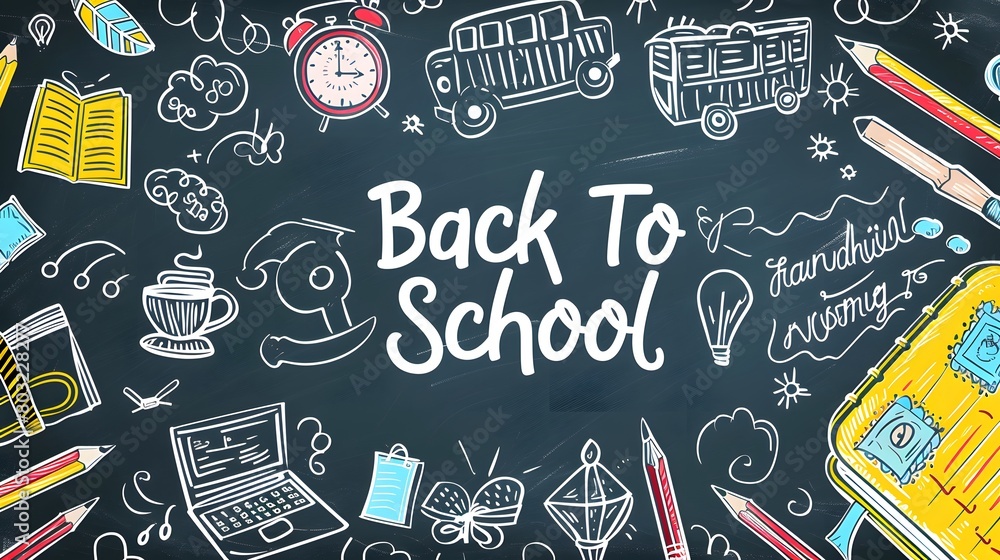 Colorful doodles and Back To School message on a chalkboard Colorful doodles and Back To School message on a chalkboard