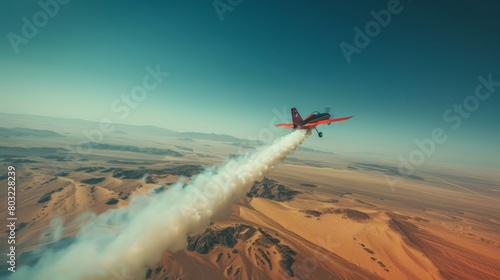 Craft an image of a daring stunt pilot performing aerobatic maneuvers above the desert photo