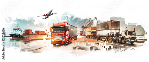 A banner of cargo transport, ships and trucks, with airplane symbolizing global trade