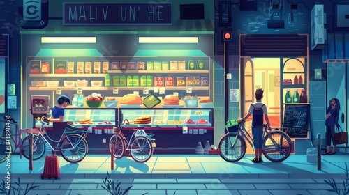 Colorful urban supermarket scene with customers shopping and vibrant storefront © Yusif