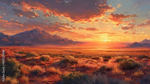 Craft an image of a desert land at sunset