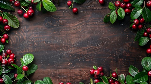 Fresh cherries with green leaves spread on a dark wooden surface, forming a frame with copy space.