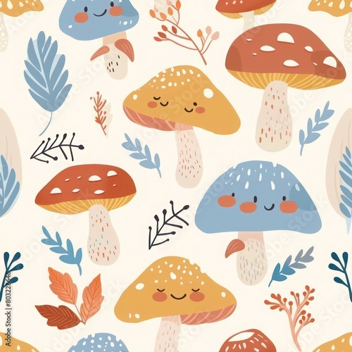 A seamless pattern of cute cartoon mushrooms with smiley faces, surrounded by leaves and branches, in a whimsical fall color palette.