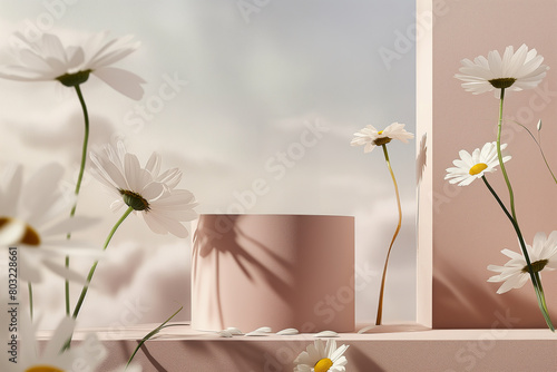 3D render of a pink podium with a spotlight on it. White flowers are placed around the podium.