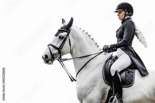 majestic dressage rider on white horse equestrian sport portrait isolated on white athletic elegance concept