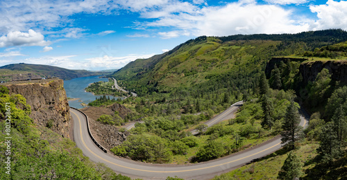 Looking east from Rowena Crest at the historic Columbia highway and the Columbia River Old historic Columbia River highway at Rowena Crest, Oregon photo