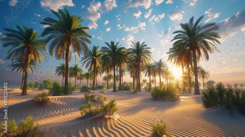 Craft an image of a desert oasis oasis with palm trees swaying in the gentle breeze photo