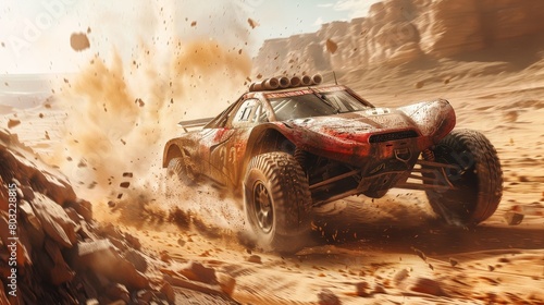 Craft an image of a desert racecar driver pushing their vehicle to the extreme limits