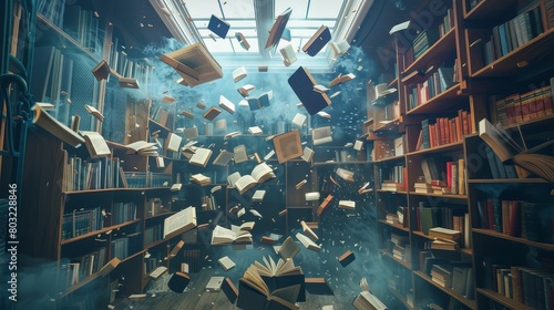 Artistic display of books flying around a room, magical and surreal book lovers dream photo