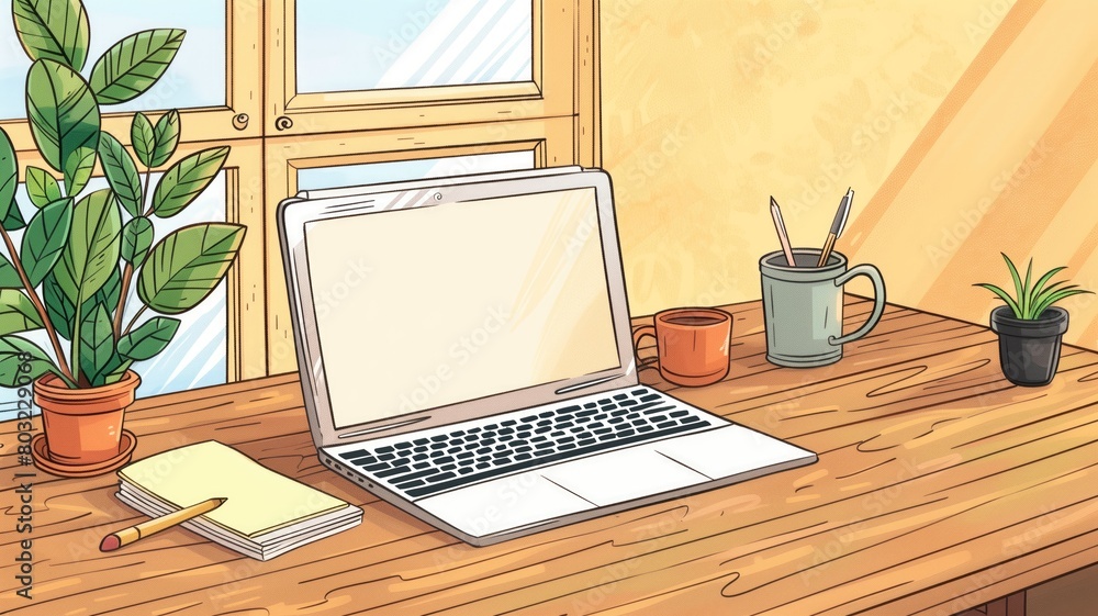 Fototapeta premium Modern home office setup with a laptop and plants