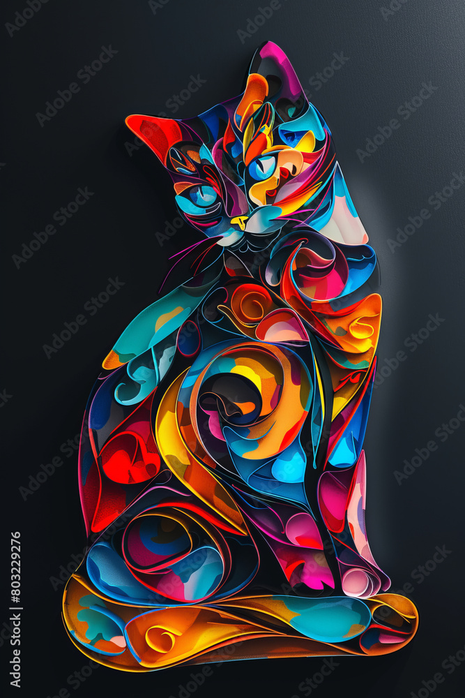 a shape of a cute cat with different structures, modern art, shadows, gradients, watercolor, 3 D,generative ai