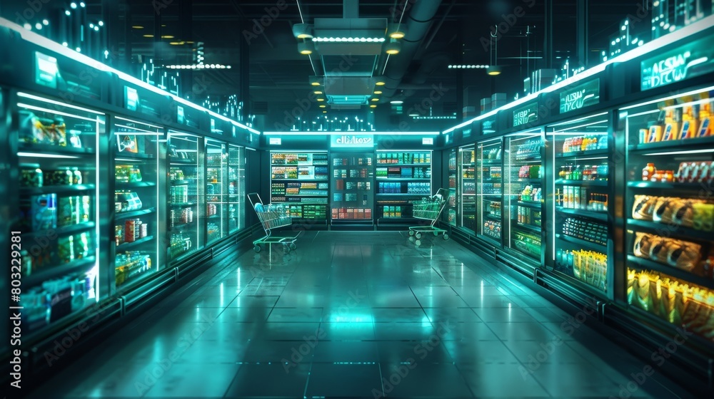 Woman Shopping in a Modern Technology-Driven Supermarket with a Vibrant Atmosphere
