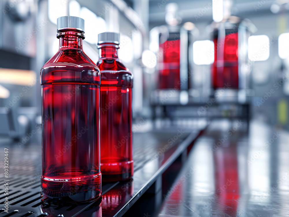 a group of red bottles on a conveyor belt a group of red bottles on a conveyor belt
