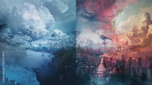 Surreal skyline with clouds and birds merging reality and dreams in a digital artwork