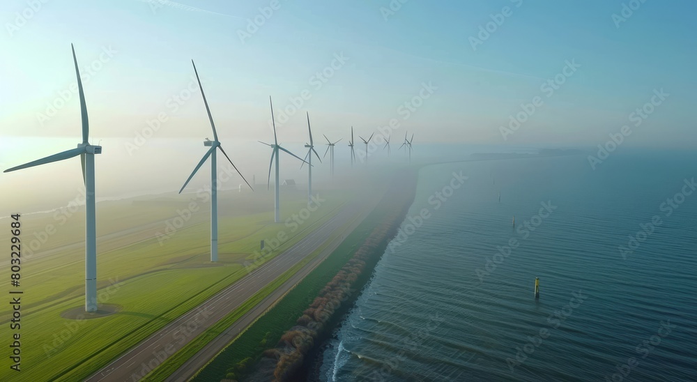 Aerial view of wind turbines along the Dutch waterfront. The generator is filmed in the style of impressionist painters, with green grass and a blue sky Aerial view of wind turbines along the Dutch waterfront. The generator is filmed in the style of impressionist painters, with green grass and a blue sky