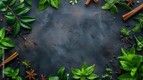 Aromatic herbs and spices scattered on a dark textured background with ample copy space.