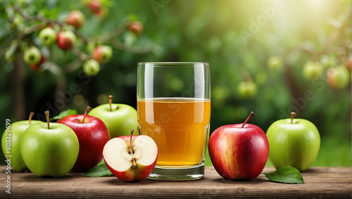 A glass of apple juice sits on a wooden table in an orchard. There are several apples sitting next to the glass and an apple tree with green and red apples in the background.


