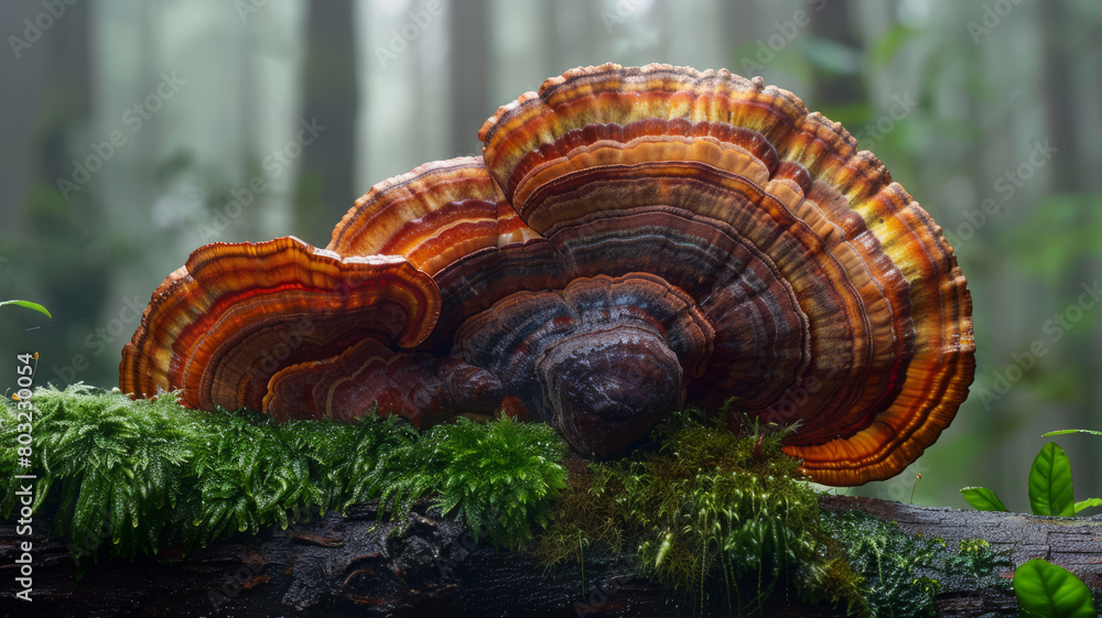A magazine cover photo featuring a large brown Ganoderma lucidum (reishi mushroom) situated on an isolated branch covered with moss.generative ai A magazine cover photo featuring a large brown Ganoderma lucidum (reishi mushroom) situated on an isolated branch covered with moss.generative ai