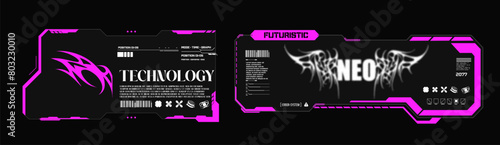 Featuring cyberpunk and futuristic design elements with neon pink and black themes, showcasing advanced technological aesthetics. Futuristic y2k technology frame for design business cards. Vector photo