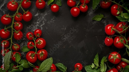 Fresh cherry tomatoes on vines and basil leaves scattered on a dark textured surface.