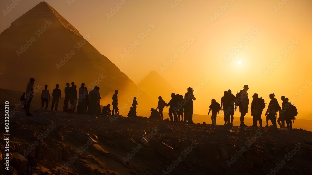 Silhouettes of a group of travelers stand in front of the Great Pyramid of at sunset
