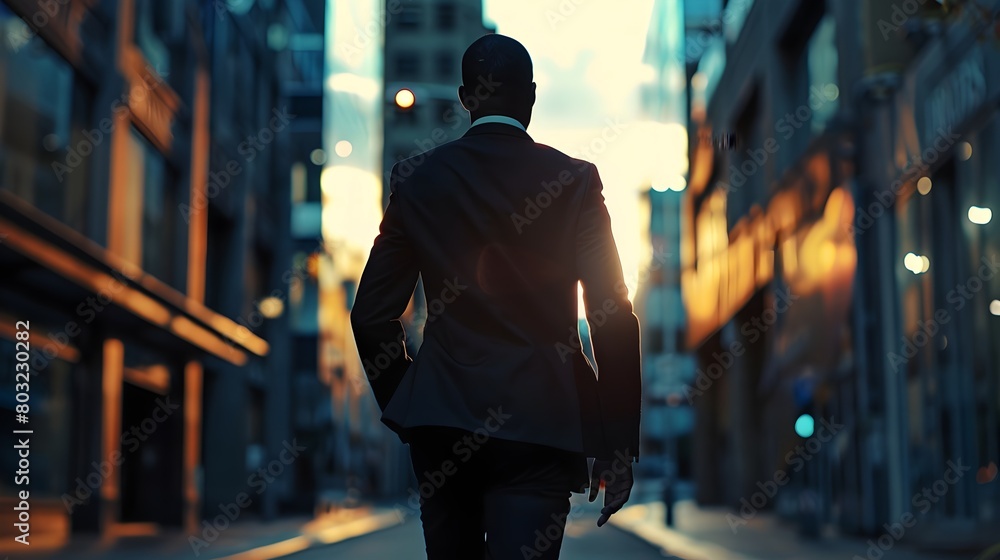 back view of a confidence businessman walking down a modern urban street back view of a confidence businessman walking down a modern urban street