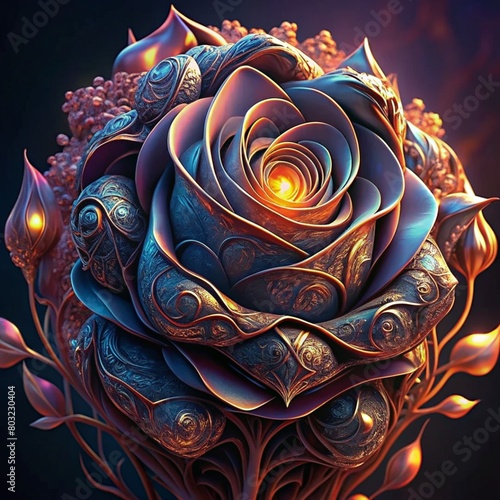 Flower rose, cinematic lighting, intricate filigree metal design, 4k, 8k, unreal engine, octane render