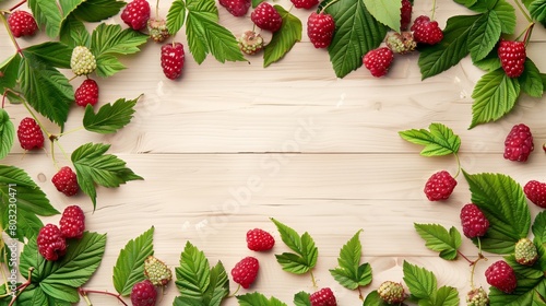 Fresh ripe raspberries with leaves spread over a rustic wooden background  great for banners or headers.