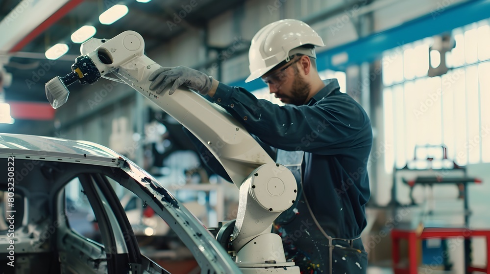 Engineer Adjusting Robotic Painter Arm in Auto Workshop