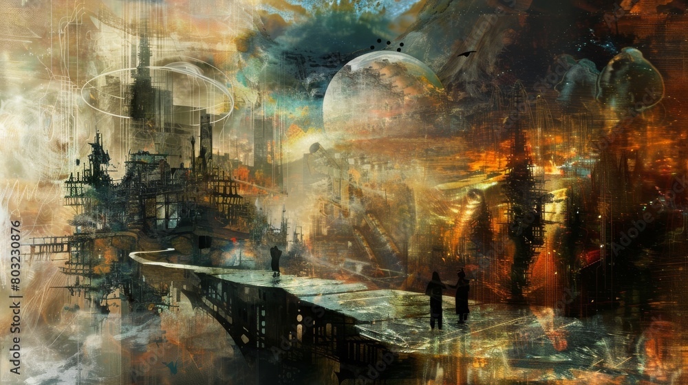 Surreal digital painting blending urban landscapes with dreamlike visuals