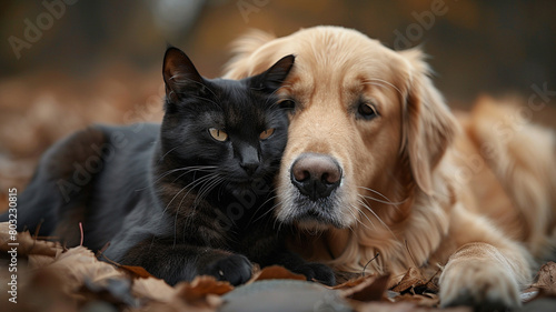 A sleek black cat nuzzling against the neck of a friendly labrador retriever, enjoying a moment of affection.