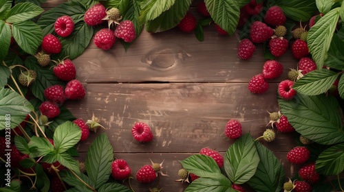 Fresh raspberries with green leaves artfully arranged on a rustic wooden background with copy space.