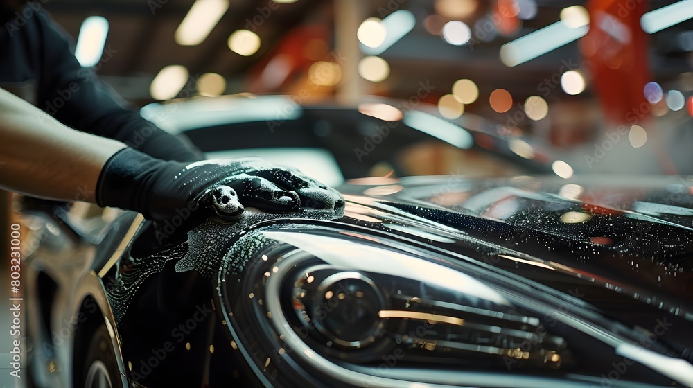 Fototapeta premium Meticulous Car Polishing in Vibrant Garage Workshop