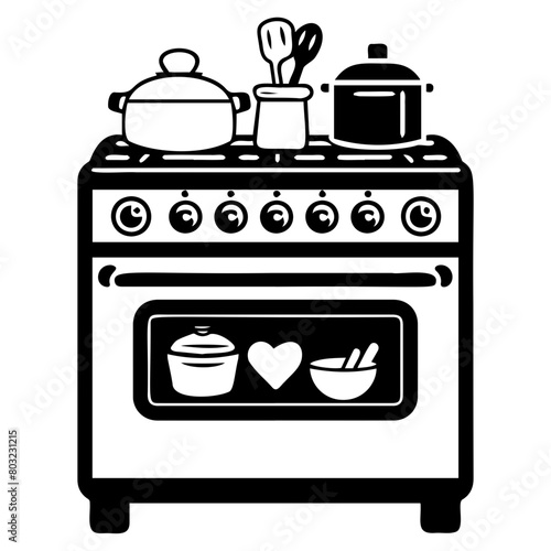 Monochrome Kitchen Stove and Cooking Utensils Illustrations