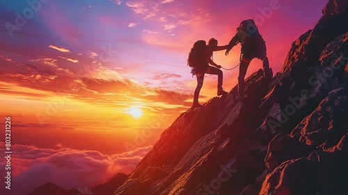 Two people are climbing a mountain together © Woraphon