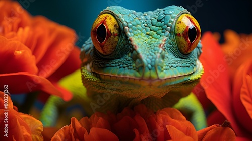 A lizard with vibrant red eyes perched on flowers photo
