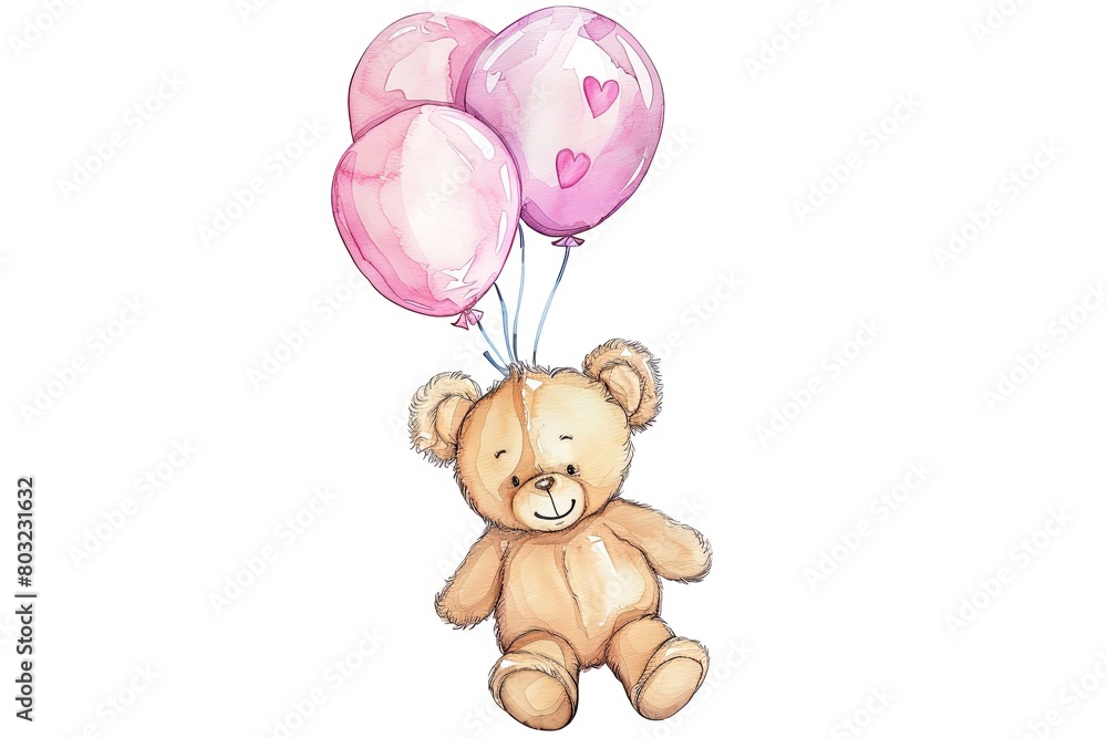 watercolor clipart cute nursery teddy bear floating from a pack of pink ...