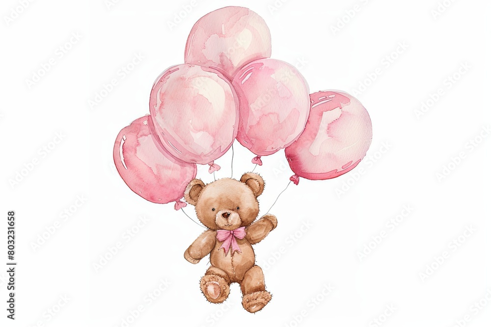 watercolor clipart cute nursery teddy bear with pink balloons Stock ...