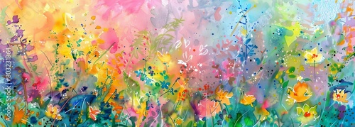Abstract colorful watercolor floral panorama for creative backgrounds