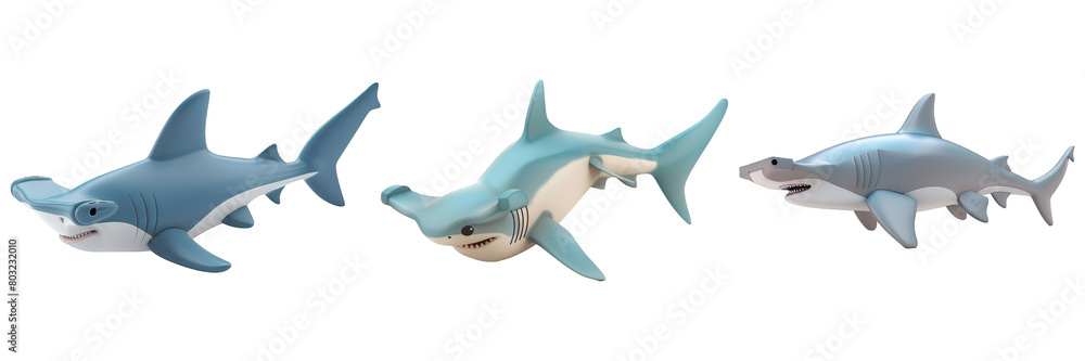 PNG hammerhead shark 3d icons and objects collection, in cartoon style minimal on transparent, white background, isolate
