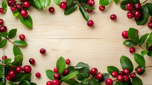Fresh red cherries with lush green leaves scattered on a light wooden background.