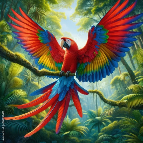 Scarlet Macaw With its stunning red plumage contrasting with bright blues, yellows and greens, this iconic parrot species captures the imagination with its colorful brilliance.