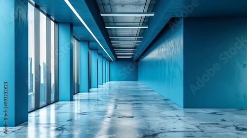 Modern blue corridor with sleek design and futuristic lighting