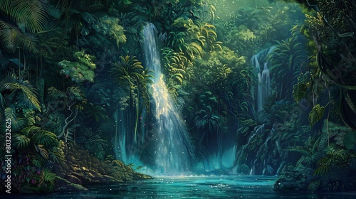 Surreal tropical jungle waterfall illuminated by enchanting lights