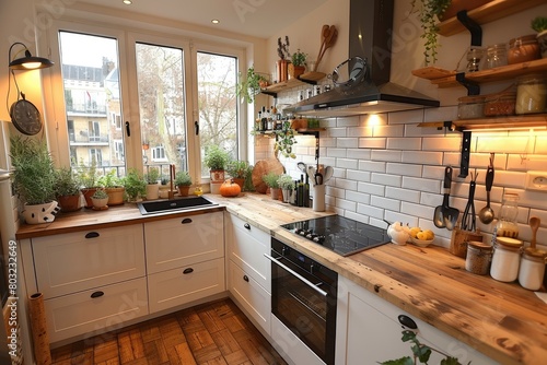 small modern minimalist wooden kitchen in the apartment advertising food photography